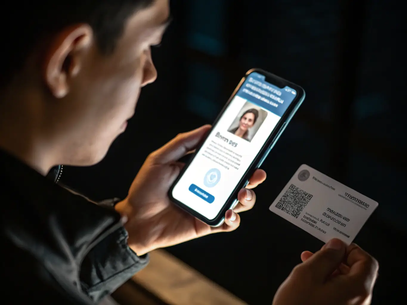 An image showing a QR code being scanned, leading to a digital business card on a mobile device.