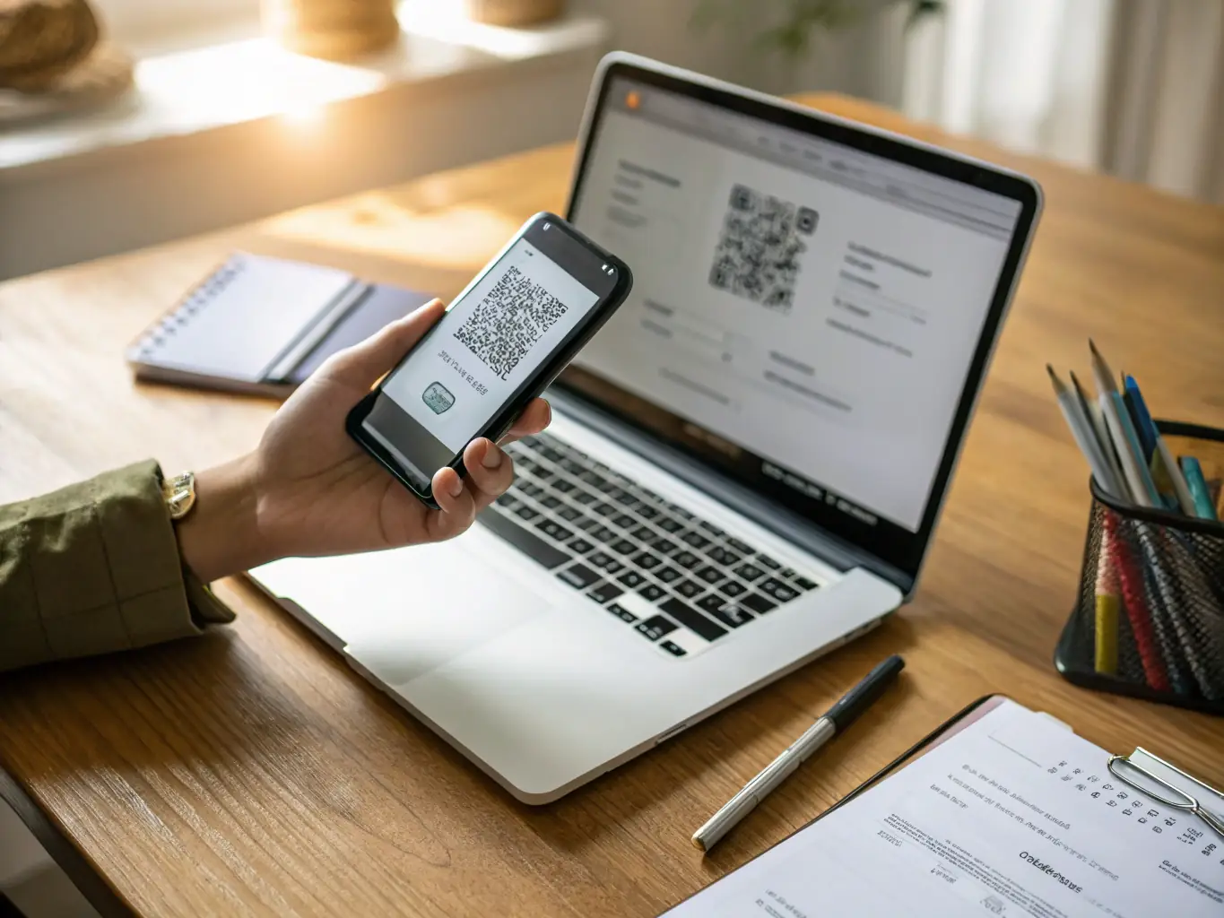 A QR code being scanned by a smartphone, demonstrating the ease of sharing a digital business card.