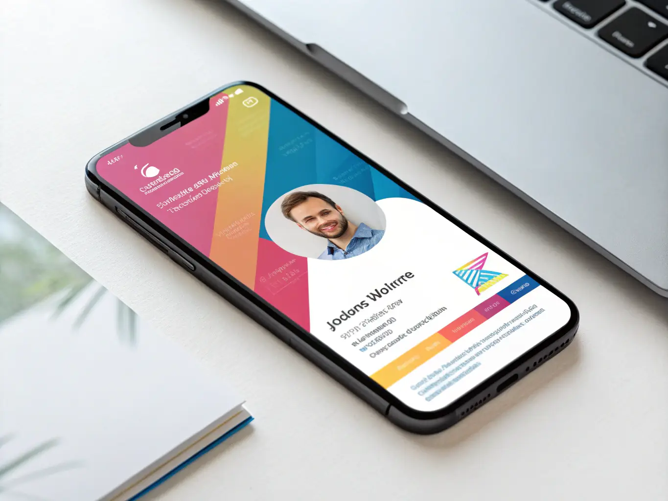 A clean, modern digital business card design featuring a professional headshot and clear contact information, displayed on a smartphone screen.
